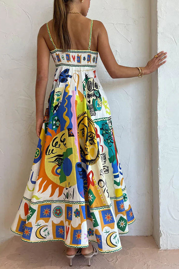Joyful Glow Goddess – Midikleid aus Leinenmischung mit einzigartigem Druck, Taschen und gesmoktem Rücken 