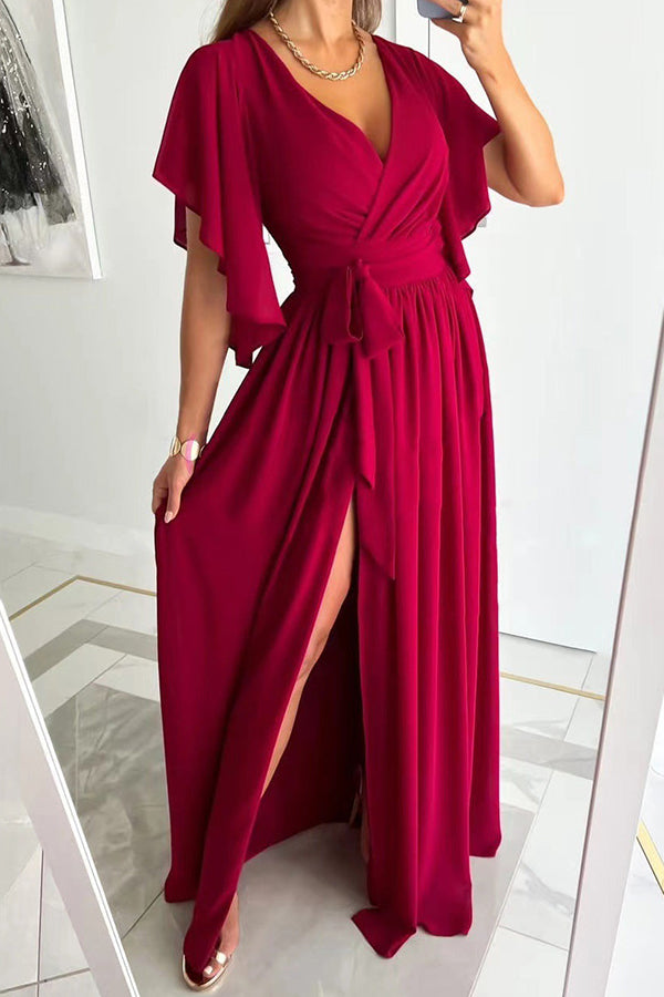 Solid V-Neck Flared Sleeve Slit Dress