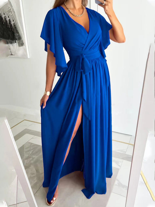 Solid V-Neck Flared Sleeve Slit Dress