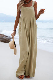 Ethnic Button Suspender Wide Leg Line Jumpsuit