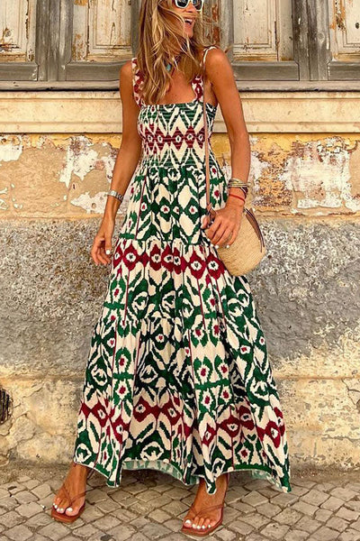 Timeless Beauty Printed Smocked Vacation Maxi Dress