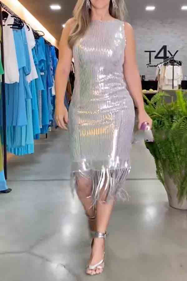 Backless Shiny Tasseled Sleeveless Wrap Round-Neck Midi Dresses