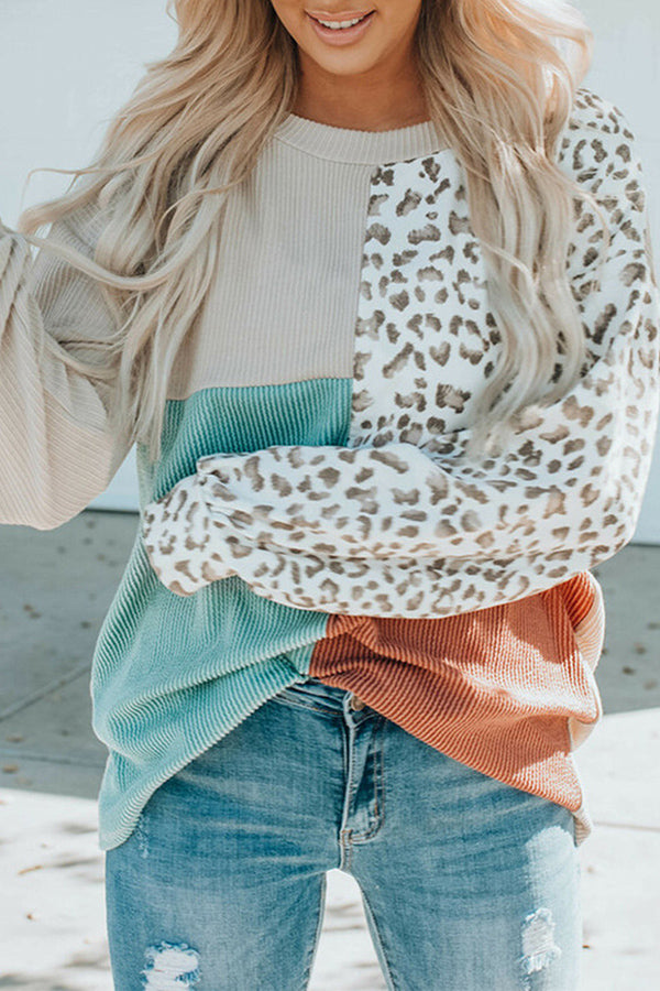 leopard colorblock print long-sleeve sweater