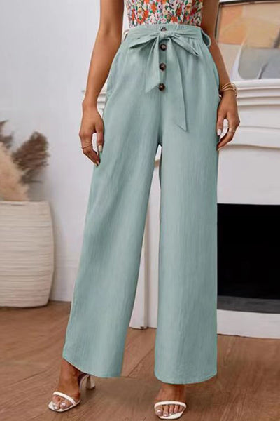 Cotton and linen elastic loose wide-leg trousers