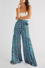 Printed Women's Loose Beach Wide Leg Lace-up Trousers