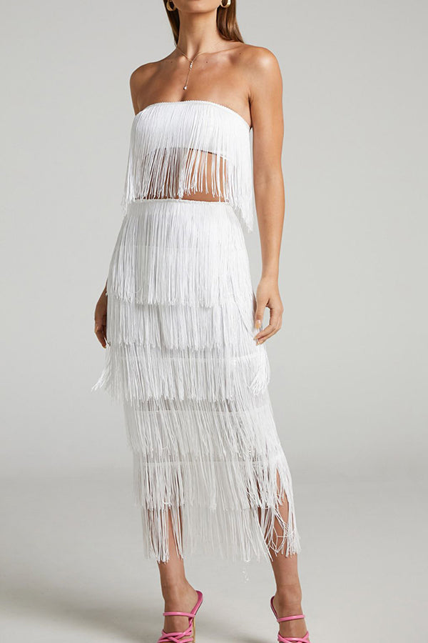 Strapless fringed long skirt elegant suit