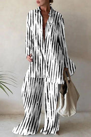 Fashion Print Loose Long Sleeve Shirt + Straight Pants Two Piece Set