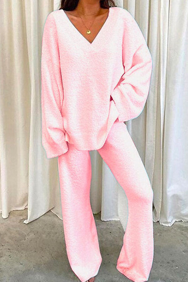 V Neck Batwing Sleeve Top and Straight Leg Pants Loungewear Set