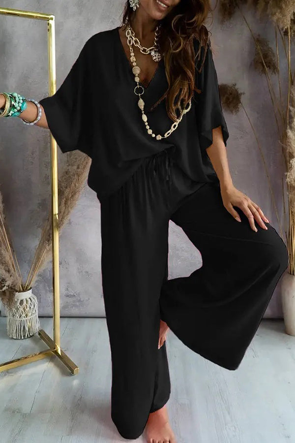 Solid Color V-Neck Loose Pants Suit