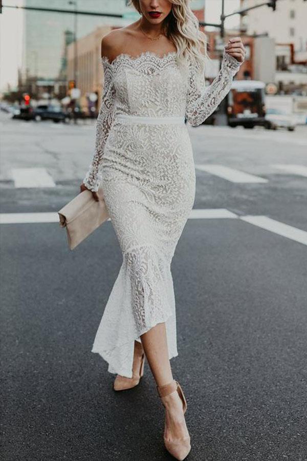 Boat Neck Lace Slim Fish Tail Dress