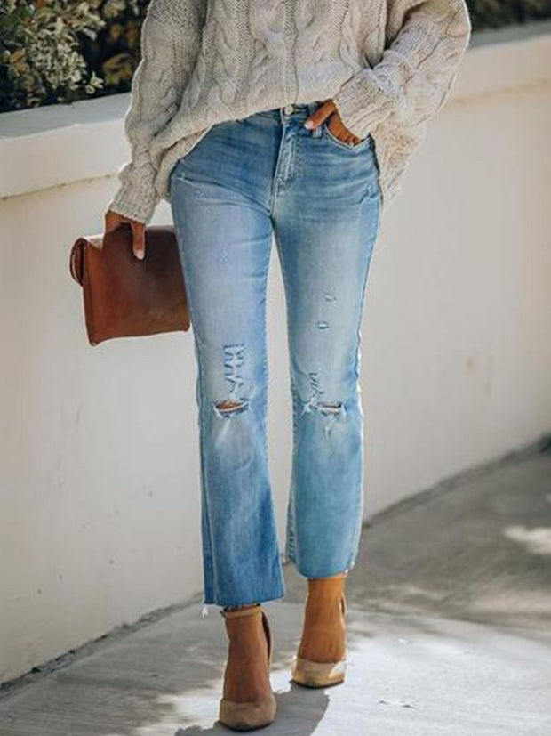 Distressed Ripped Straight-Leg Cropped Jeans