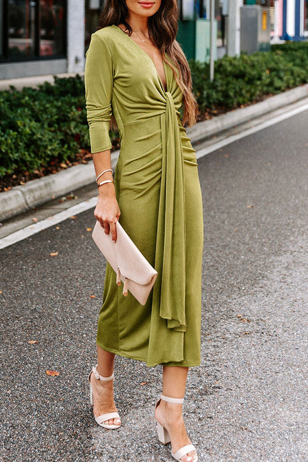 Fashion Sexy Solid Fold V Neck Long Sleeve Dresses