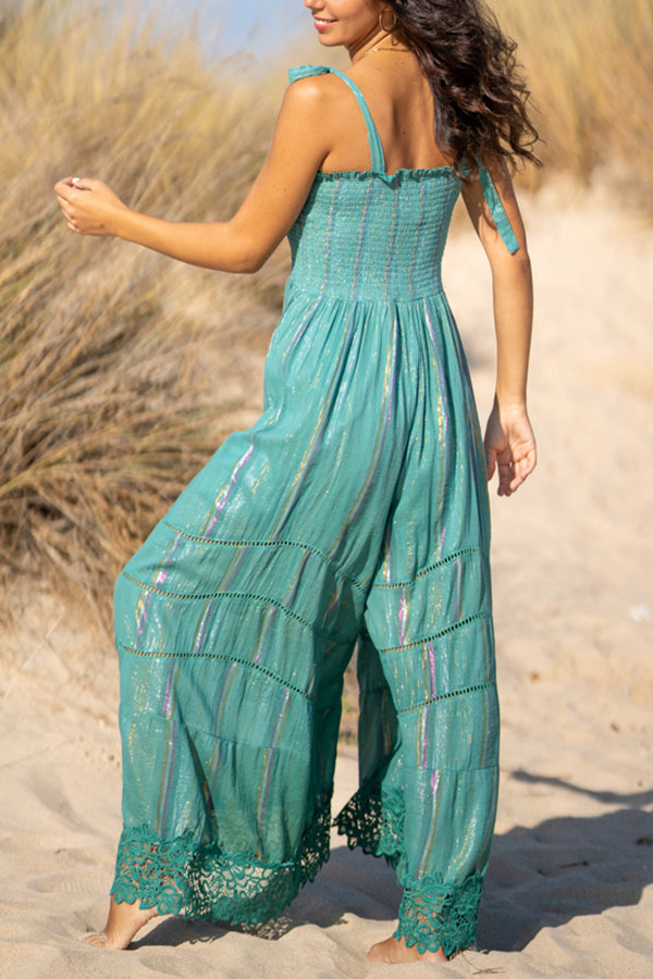 Weekend on The Lake Smocked Lace Trim Wide Leg Jumpsuit