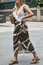 Casual Leaf Print Slit Tie Skirt