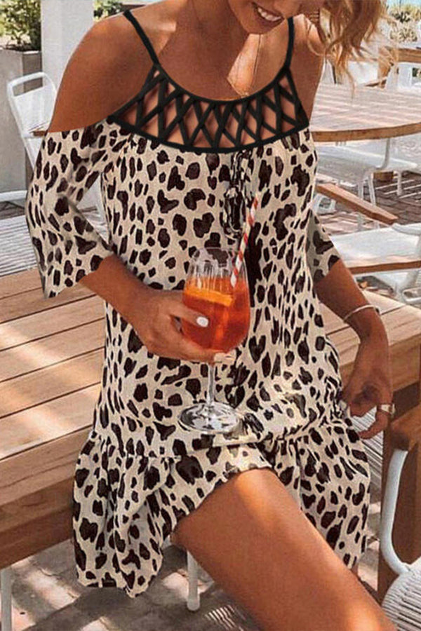 Leopard Print Stitching Hollow Sling Mini Dress