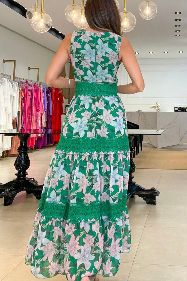 Robe mi-longue fleurie à bordure en dentelle Sunny Garden 