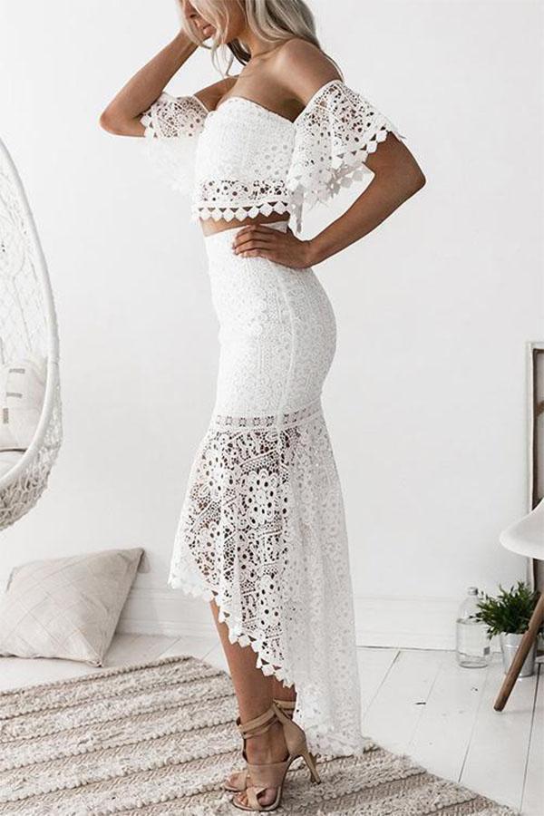 Lace Boat Neck Top+Lace Dress Two-piece