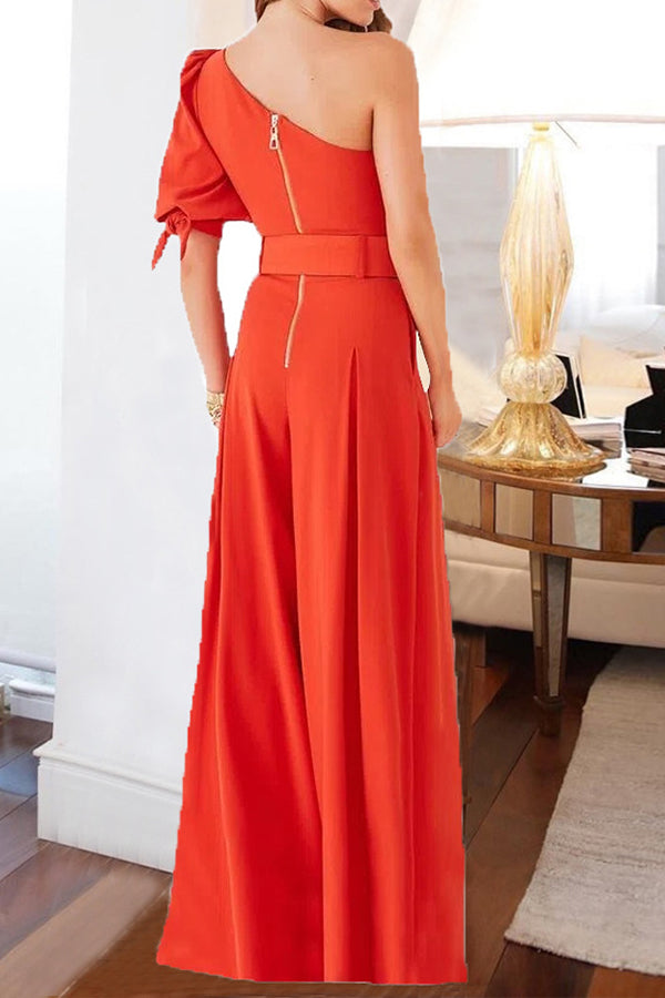 One-shoulder sleeve slim jumpsuit solid color trousers