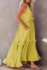 Vittoria Shirred Ruffle Tiered Maxi Halter Dress