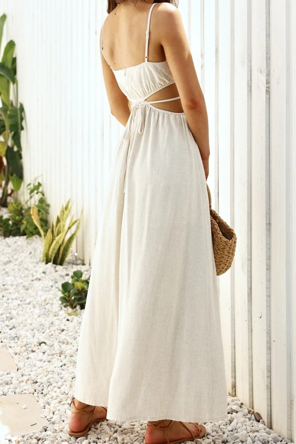 Elegant belted strapless suspenders cotton and linen dress