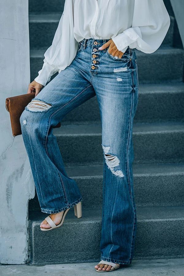 High Rise Distressed Button 90’s Flare Denim