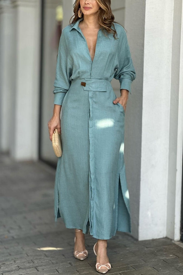 Know Your Worth Linen Blend Pocketed Slit Shirt Midi Dress