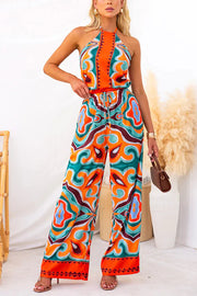 Oh So Chic Satin Ethnic Abstract Print Satin Elastic Waist Pocketed Wide Leg Pants