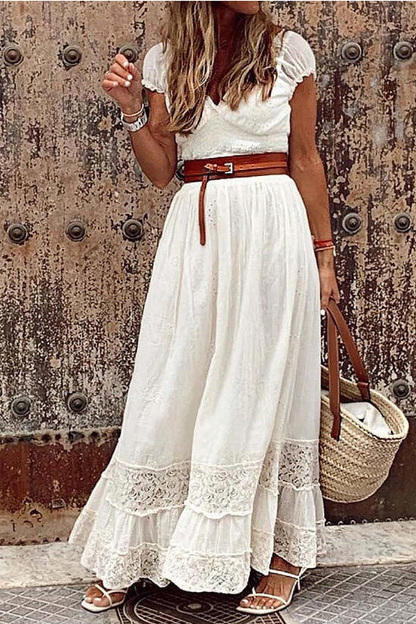 Lace Stitching Mid Waist Solid Color Maxi Dress (With Belt)