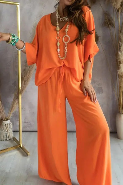 Solid Color V-Neck Loose Pants Suit