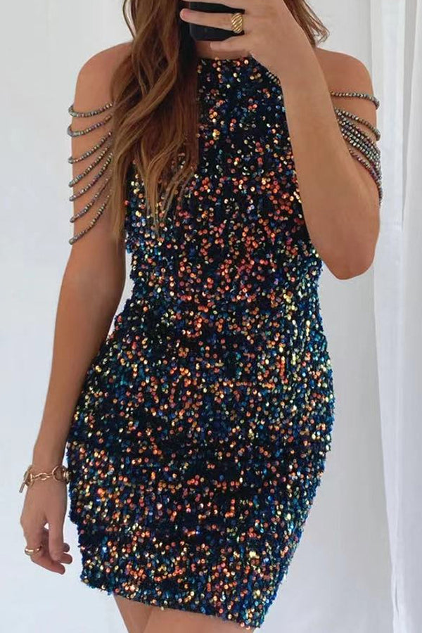 Fashion Halter Neck Sexy Crystal Tassel Wrap Hip Sequin Dress