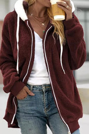 women's loose plush zippered hooded jacket