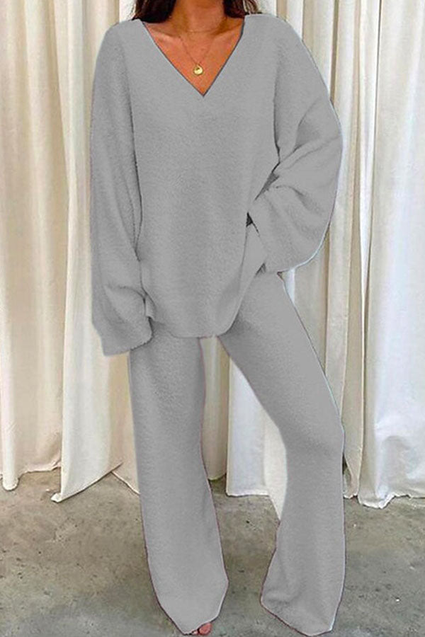 V Neck Batwing Sleeve Top and Straight Leg Pants Loungewear Set