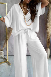 Solid Color V-Neck Loose Pants Suit