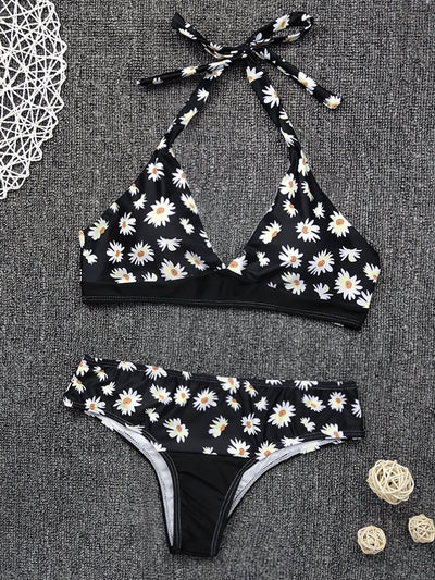 Flower Printed Halter Neck Bikini Swimsuit (2 Colors)