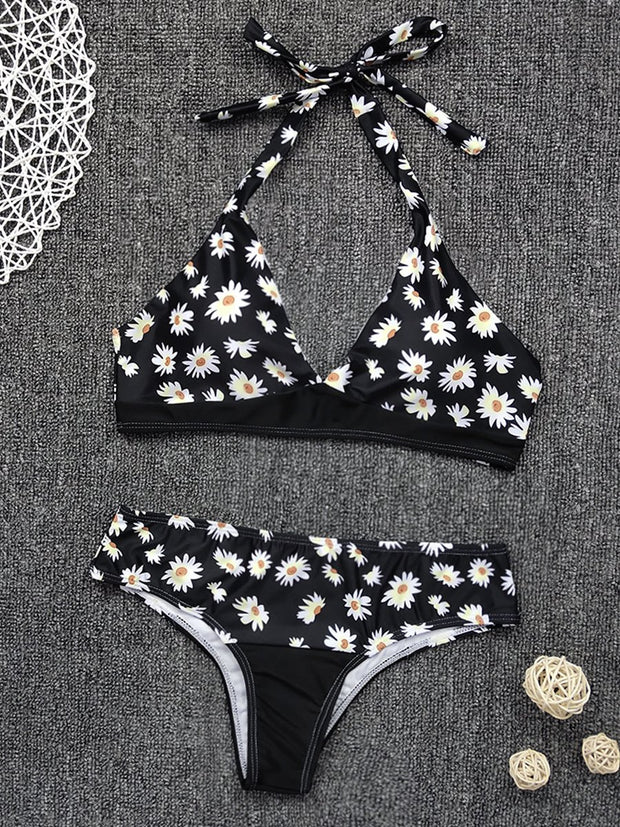 Flower Printed Halter Neck Bikini Swimsuit (2 Colors)