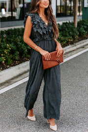 Ruffle Neckline Wide Leg Jumpsuit