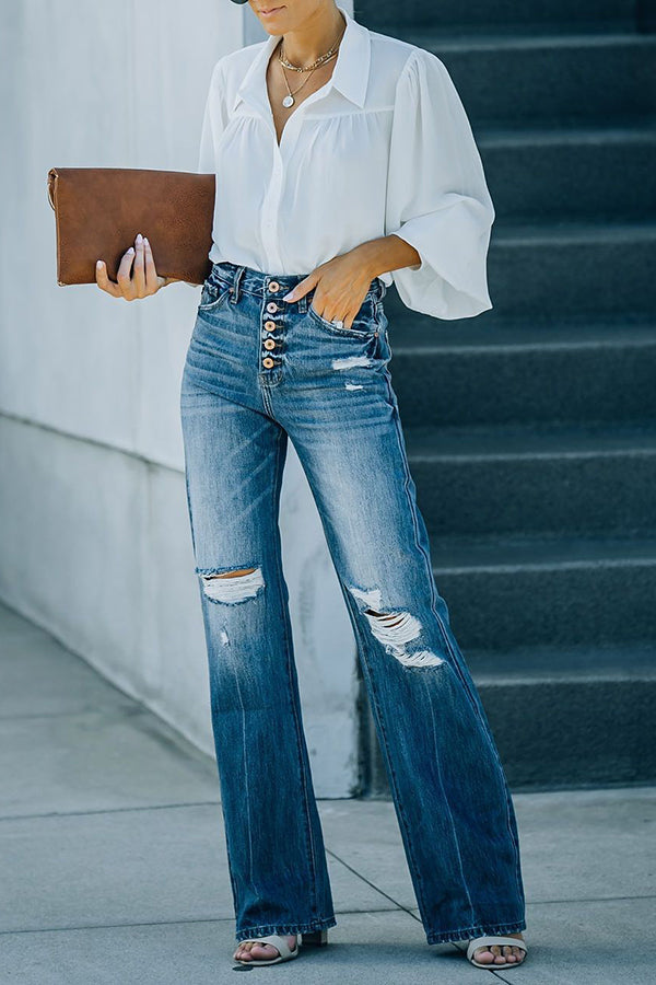 High Rise Distressed Button 90’s Flare Denim
