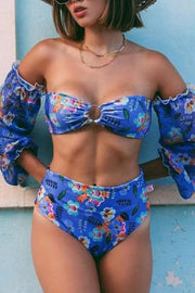 Floral Print Metal Ring Decoration Blue Bikini Set