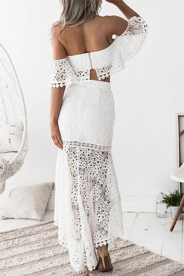 Lace Boat Neck Top+Lace Dress Two-piece