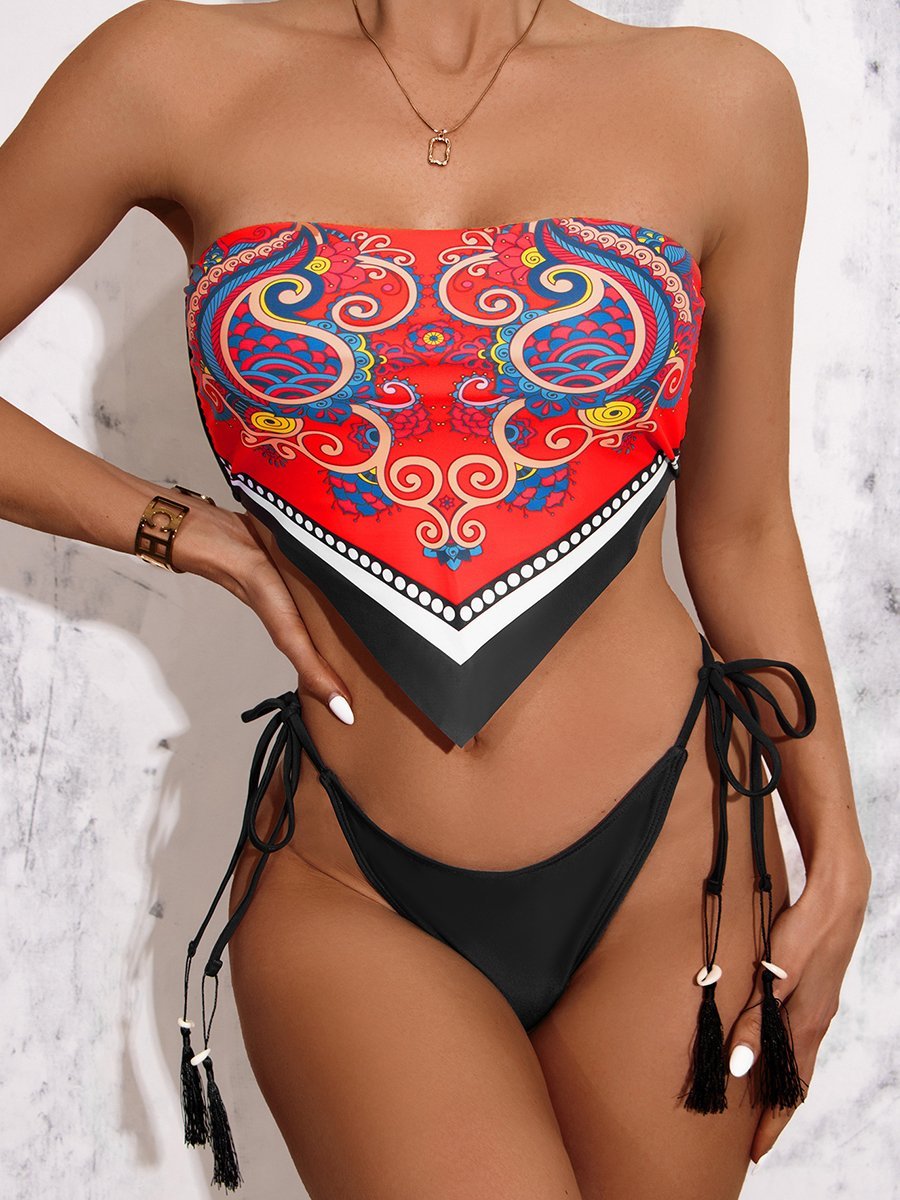 Pattern Print Tassel Design Handkerchief Bikini Set