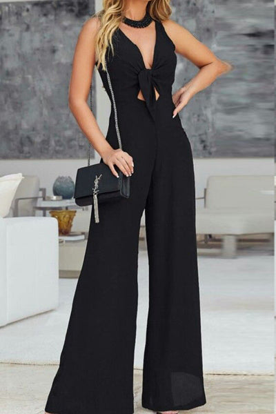 Chiffon V-Neck Jumpsuit Mid-Rise Temperament Commuter Trousers