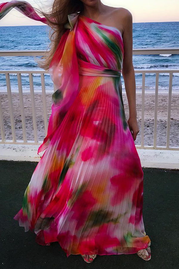 Rainbow Print Pleated Neck Maxi Dress