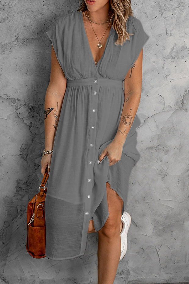 Deep V Short Sleeve Waist Dress