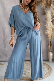 Solid Color V-Neck Loose Pants Suit