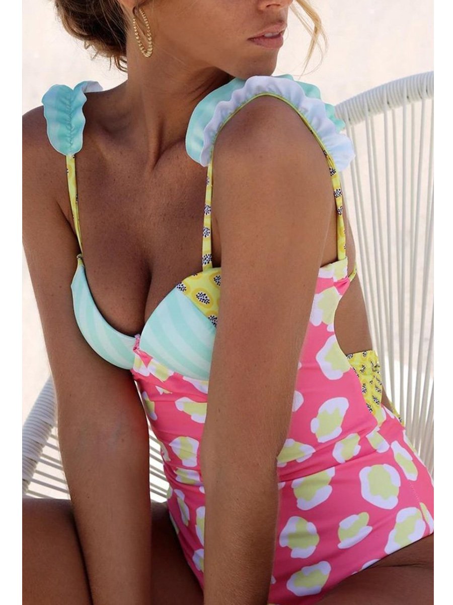 One piece of pink patchwork with polka dots