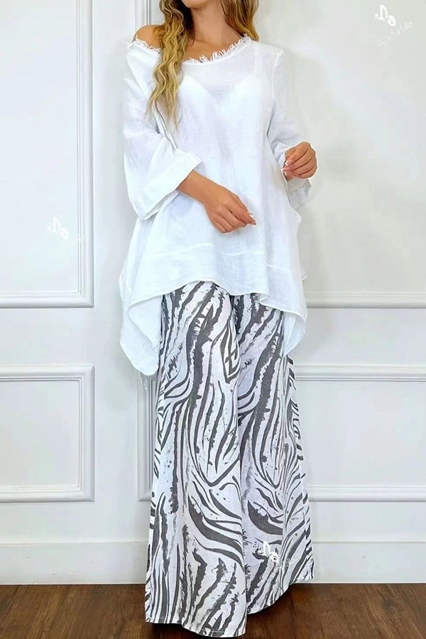 Casual Fashion Printed Wide Leg Pants + Round Neck Top