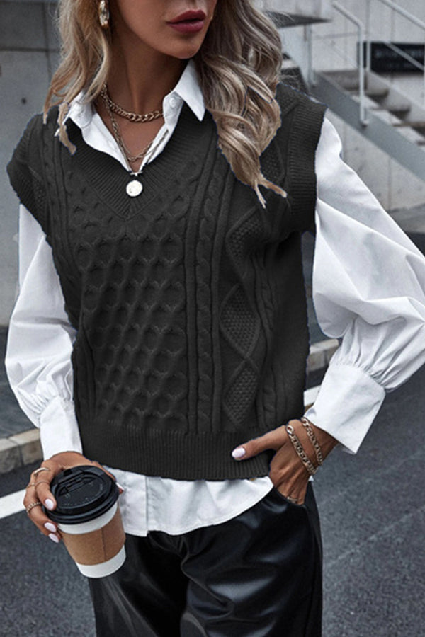Women's Fashion Knitted Vest New Vest Sleeveless Cable V-neck Top