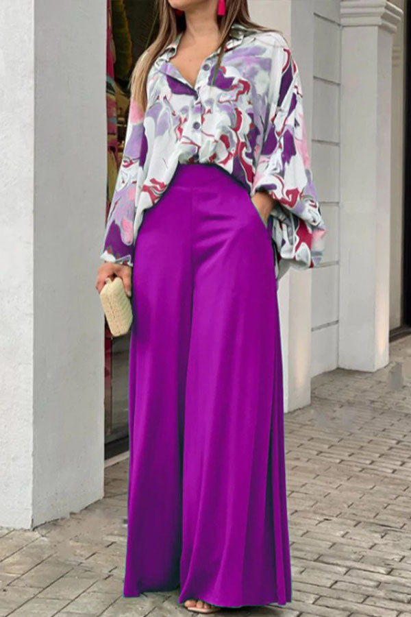 Zweiteiliges Set aus lässigem bedrucktem Hemd und Hose mit weitem Bein