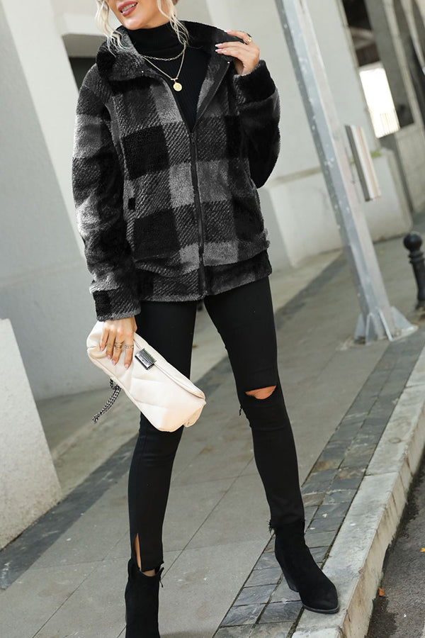 Long Sleeve Stand Collar Plaid Double Face Fleece Jacket