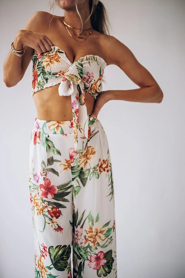 Boho Print Tube Top Wide Leg Pants Two-piece Suit